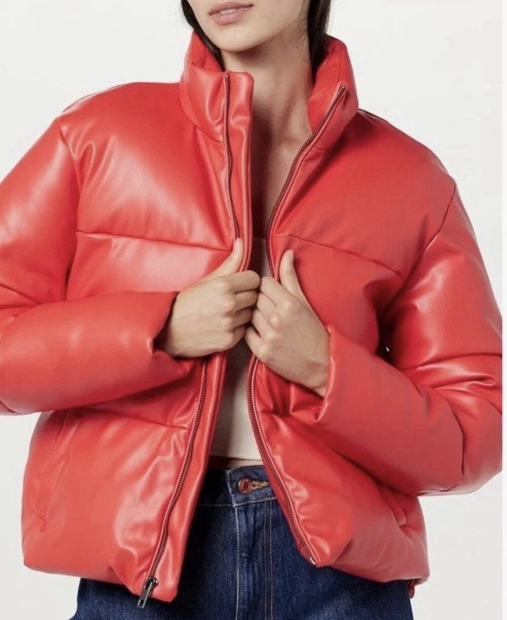 The Drop Women's Fiery Red Vegan Leather Cropped Puffer Jacket Zipper Medium NWT
